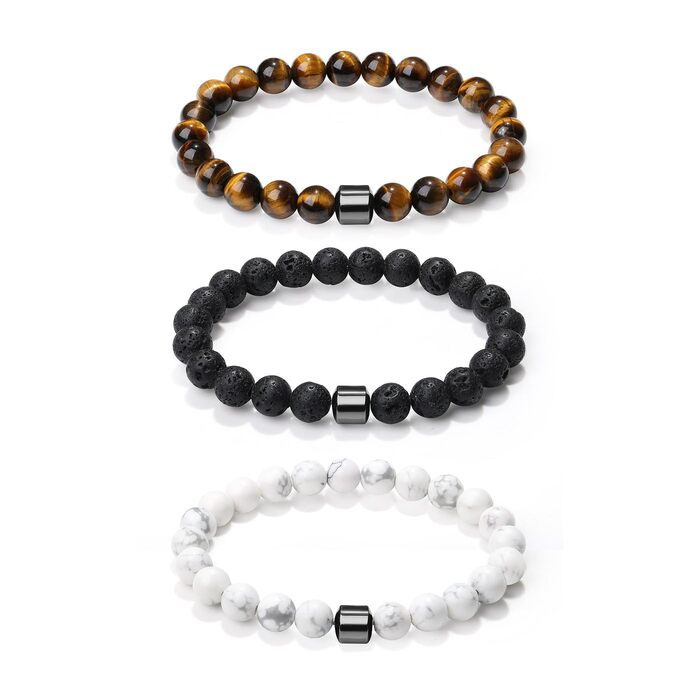 Чоловічі браслети з натурального каміння: тигрове око, лава, чорний онікс, бірюза. Набір 3-4 шт.