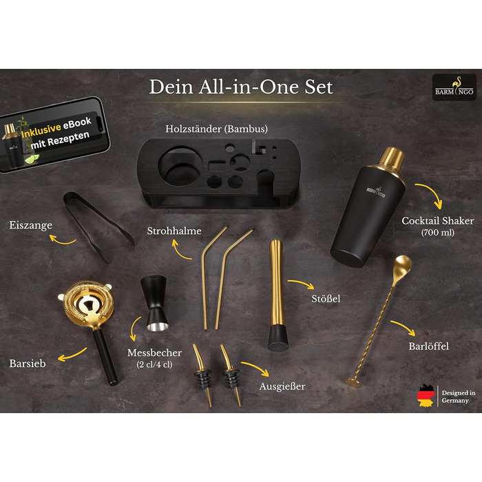 Barmingo Stainless Steel Cocktail Set - 11 Piece Bar Set with Shaker, Stand & Accessories | Cocktail Shaker Set | Bartender Set | Black & Gold