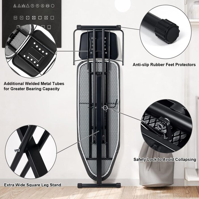 Прасувальна дошка Duwee Extra велика з парогенератором, термостійке покриття, регульована висота, міцні ніжки, 122 x 43 см (Чорна)