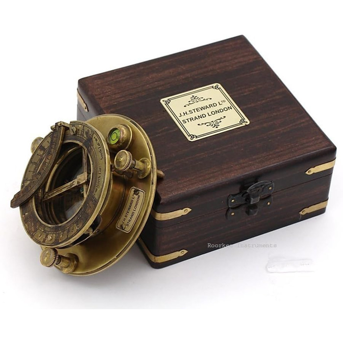 Roorkee Instruments India Best Presents for Sailors/Vintage Brass Compass with Wooden Box/J.H. Steward Directional Magnet Compass for Navigation, Sundial, Pocket Compass for Camping, Hiking, Touring