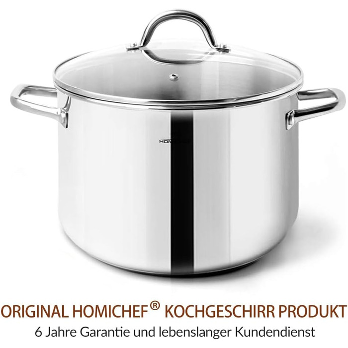 HOMICHEF Суповий каструля 9,5 л з кришкою, нікель-вільна нержавіюча сталь, індукційна, полірована, срібляста, з ручками