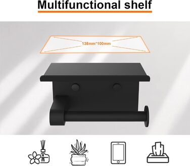 Тримач туалетного паперу Ibergrif з 2 способами монтажу, без свердління, з полицею, нержавіюча сталь, чорний