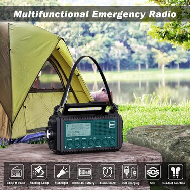 Радіоприймач Kurbelradio з DAB+/DAB/UKW, акумулятор 5000mAh, ліхтарик та світло для читання, FM, USB зарядка для телефону, динамо, SOS-сигнал, для кемпінгу та подорожей, Bluetooth, блакитний