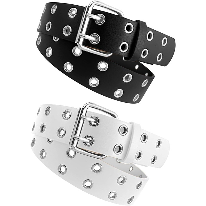 Двокольоровий ремінь з двома отворами, шкіряний ремінь для джинсів у стилі панк, хіп-хоп, косплей, для джинсів, штанів, готичного стилю, рок-одягу, для жінок та чоловіків, чорний, білий