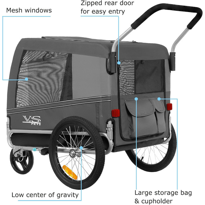 Візок для собак Tiggo VS Pets 2-в-1: візок та велопричіп, сірий, об'єм 270 л, до 35 кг
