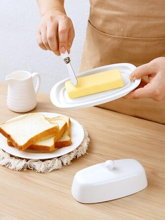 Ceramic Butter Dose with Lid and Knife for Countertop Refrigerator, 20.3 cm, White Butter Holder with Porcelain Lid Knob, Handle for East-West Butter Sticks