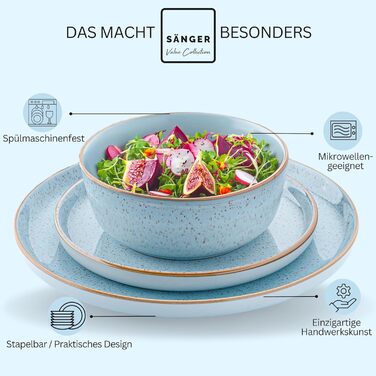 Набір посуду SÄNGER Rio Lagune 24 частини: 6 тарілок, 6 сніданок, 6 глибоких тарілок, 6 мисок для пасти, посуд для 6 осіб, блакитний, Steingut (фарфор)