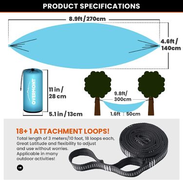 Гамак Overmont двошаровий, сертифікований TÜV, 400 кг, 280 x 185 см, нейлон, для кемпінгу та відпочинку на природі (блакитний, світло-сірий)