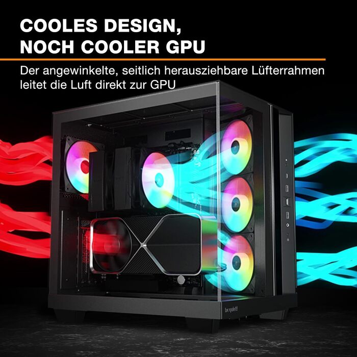 be quiet! Light Base 500 LX: Чорний корпус ПК з повністю прозорою передньою та бічною панелями, Show Case, Dual Chamber Design, 4 вентилятори Pure Wings 3 PWM, без RGB, задній порт-дизайн