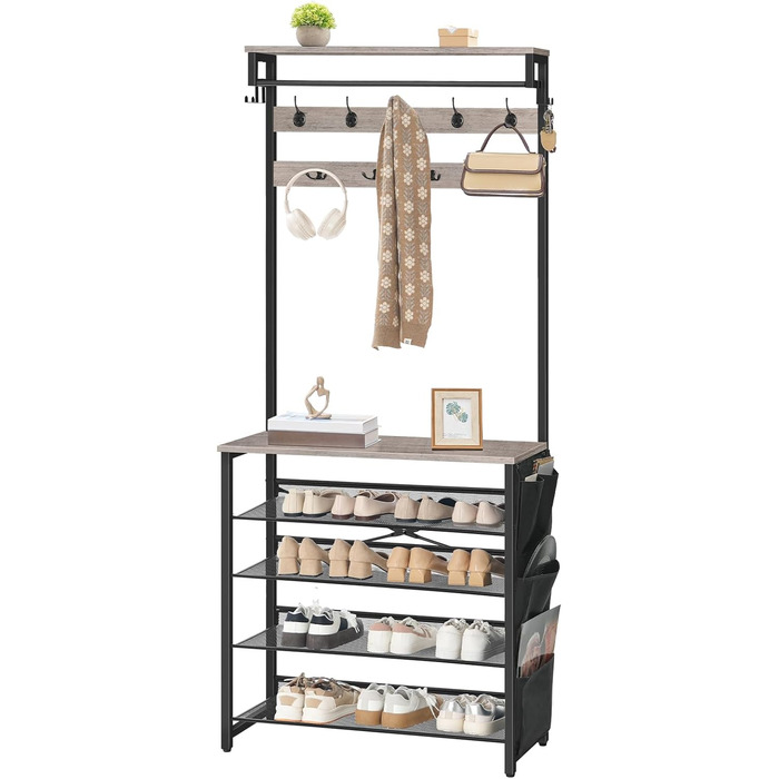 HOOBRO Coat Rack with Shoe Storage, Shoe Shelf with Coat Rack, Clothes Rack with 5-Tier Shoe Storage, Coat Rack with Shoe Cabinet, Adjustable Metal Grid Shelf, Greige EBG75MT01