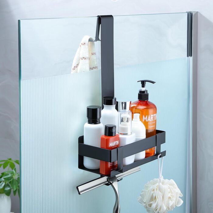 Cooeco Shower Shelf for Hanging Black - Hanging Shower Basket Stainless Steel, Shower Shelf for Hanging without Drilling, Hanging Shower Shelf with Hooks for Glass Shower Wall