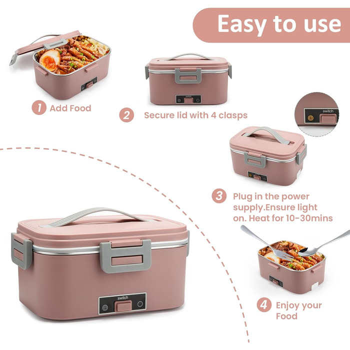 BYbrutek Electric Lunch Box 100W, 3-in-1 Portable Heated Lunch Box, 1.8L Stainless Steel Removable Food Container, 12V/24V/220V Insulated Food Warmer Box for Car/Truck/Office (Pink, 1.8 L)