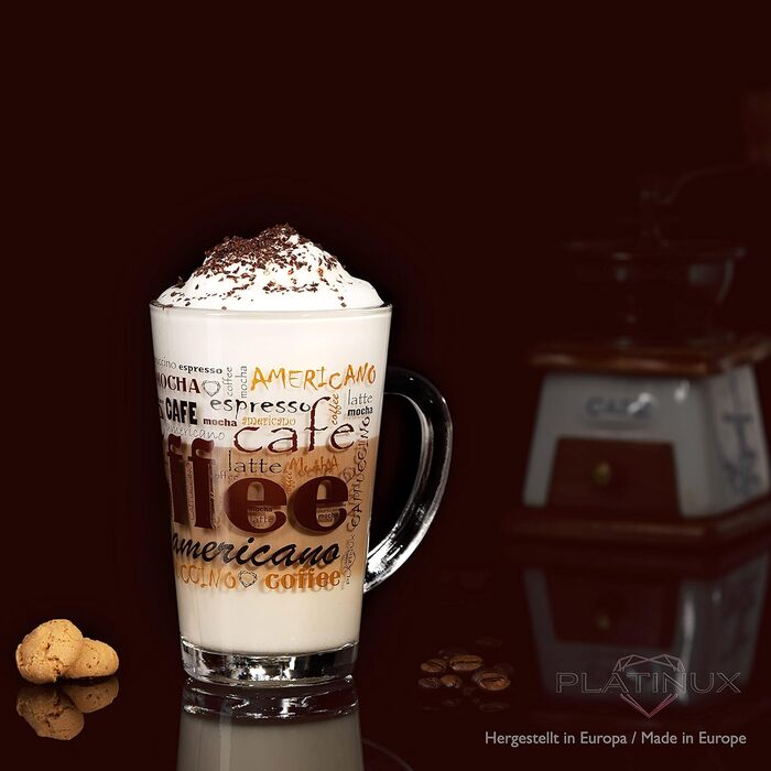 PLATINUX Coffee Glasses with Motif, max. 350ml, Set of 6, Glass Latte Macchiato Glasses with Handle, Cappuccino Glasses