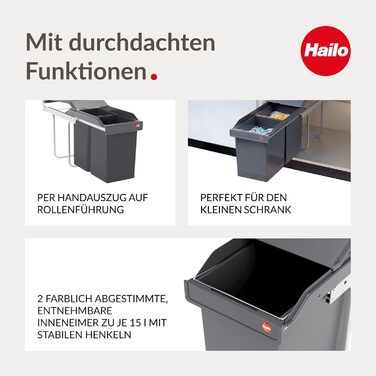 Відро для сміття Hailo Tandem 3650103 | Вбудований контейнер для сміття 2 секції з 50 мішками | для шаф шириною від 300 мм | Зручний висувний механізм на роликових направленнях | Сріблястий та антрацитовий пластик 3650101