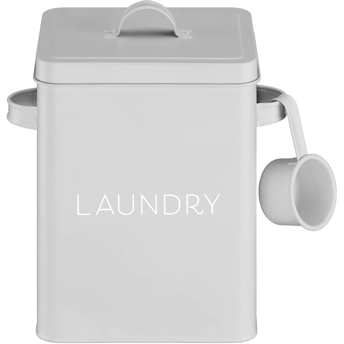 Navaris Laundry Detergent Box with Measuring Spoon - Metal Storage Box for Detergent - Laundry Dose Lid - Vintage Washing Powder Box Container - white (Grey)