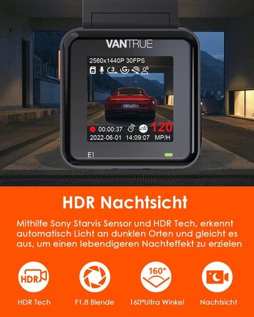 Автомобільний відеореєстратор VANTRUE E1 2.7K Wi-Fi GPS, 2.5K 1440P/60FPS, керування голосом та пультом, нічне бачення HDR, паркувальний режим 24/7, кут 160°, до 512ГБ