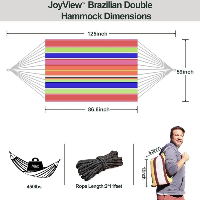Гамак подвійний бразильський JoyView з мотузками, 220x150 см, бавовна, смугастий, для тераси, саду та дому