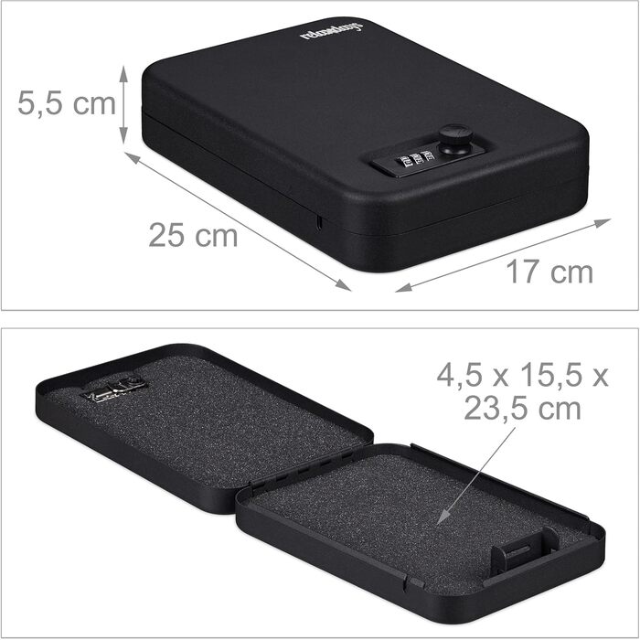 Сейф Relaxdays з кодовим замком, портативний, зі страхувальним тросом, автосейф, сталевий, 5.5x17x25 см, чорний