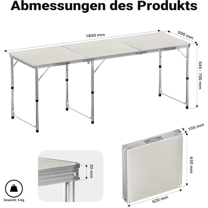 Складаний туристичний стіл 180x60x70 см з регулюванням висоти, алюмінієвий каркас, стільниця МДФ, багатофункціональний, для кемпінгу, саду, дачі
