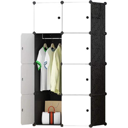 BRIAN & DANY 12-Cube Wardrobe, Modular Closet Storage Unit, Plug-in Shelf System, Plastic Closet with Doors & 2 Hangers, Additional Stickers Included (8 Cube, Black and White)