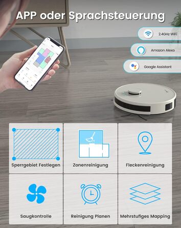 Робот-пилосос LEFANT M2Plus з функцією миття, 6000Pa, LiDAR-навігація, самоочищення, ідеальний для шерсті тварин, білий (M1-C)