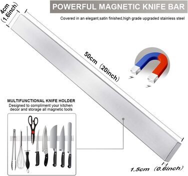 Ninonly Magnetic Knife Strip Magnetic Knife Holder Self-Adhesive 50cm (20inch) Stainless Steel Knife Rail Magnet Without Drilling Magnetic Knife Rail Wall Mount for Kitchen, Office, Workshop