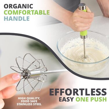 Ручний міксер Oliver's Kitchen® Hand-Quirl - Автоматичний вінчик для яєць, масла, вершків, кави, коктейлів | Без батарейок, компактний, зелений