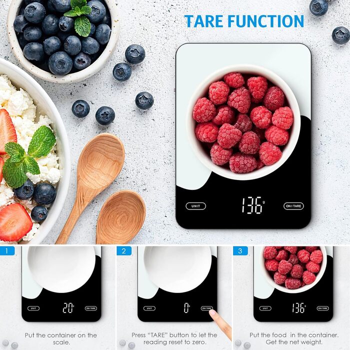 Brifit Kitchen Scale with App - 10kg/1g Digital Food Scale with Calorie Counter, LED Display, Tare Function, USB Rechargeable