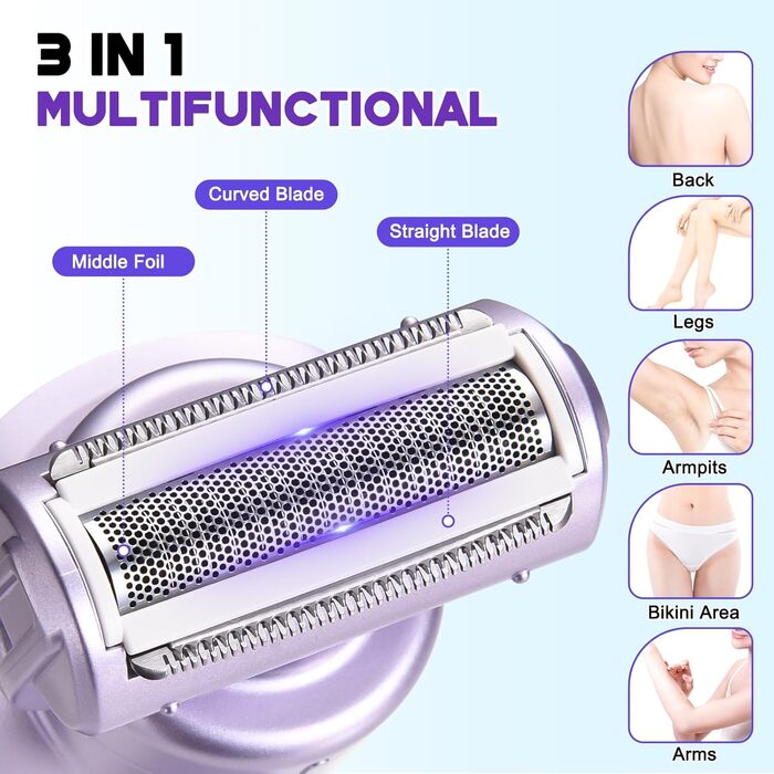 Електричний жіночий епілятор Hatteker 3-в-1: тример для бікіні, бритва та епілятор. З LED-дисплеєм, водонепроникний IPX7, USB-зарядка (фіолетовий)