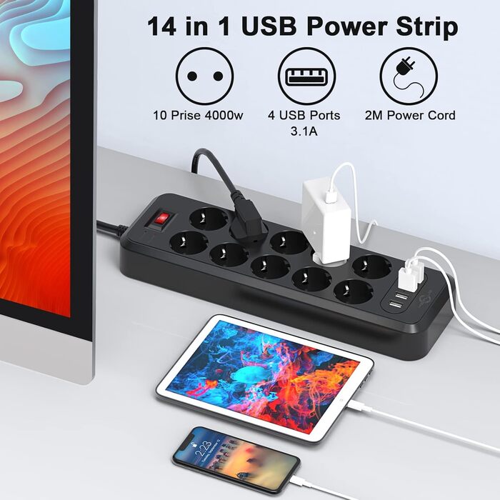 10-ти портова мережева розетка з вимикачами, KEPLUG, 4 USB, захист від перенапруги, для стіни, 2 м, чорна