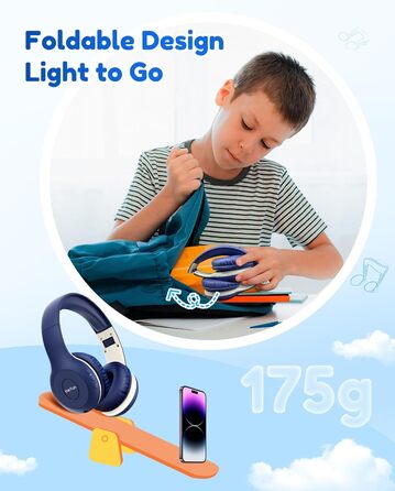Бездротові навушники EarFun для дітей Bluetooth, регулювання гучності 85/94 дБ, Hi-Fi звук, HD-мікрофон, 40 годин роботи акумулятора, складні, регульовані, для школи/подорожей, блакитний