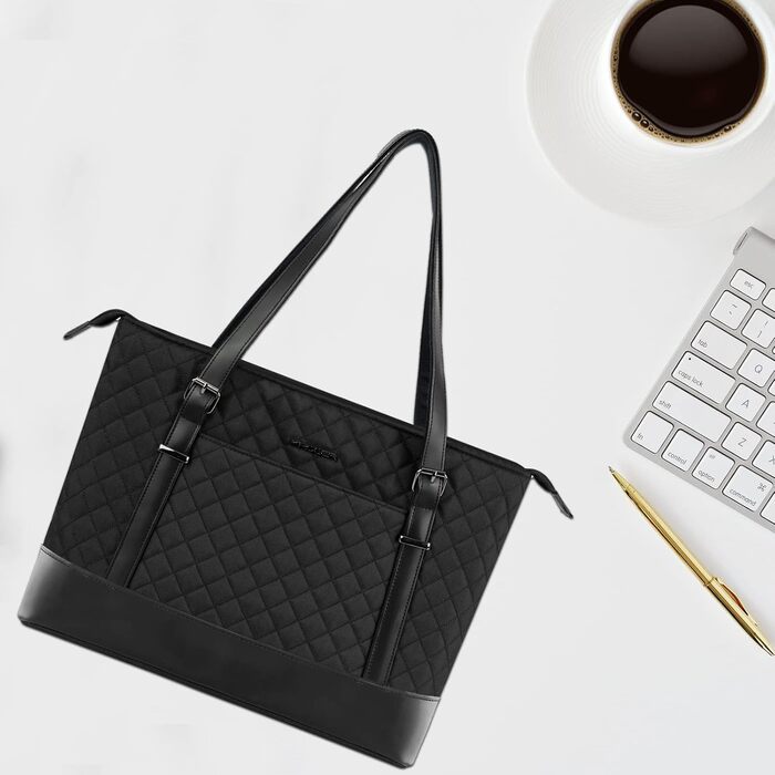 Сумка для ноутбука KROSER жіноча чорна елегантна 15.6 дюймів, велика легка сумка-тоут для бізнесу, школи, подорожей - стебнована