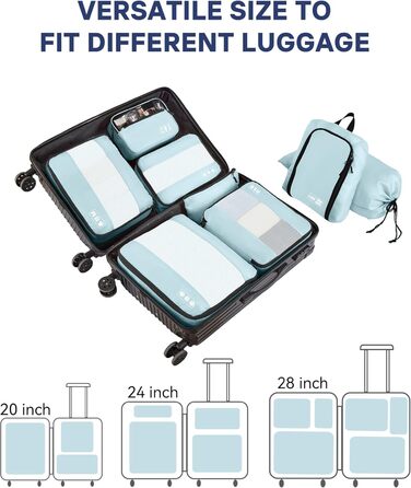 Органайзер для валізи MURISE, 8 шт. - Packing Cubes для подорожей, сумки-органайзери для валізи, з мішком для взуття та косметичкою, система організації, Travel Essentials, (Світло-блакитний)