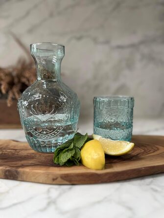 Curator Home Vintage Nightstand Water Carafe and Glass Set - 750 ml Capacity - Elegant Glass Jug for Water, Juice, or Wine - Stylish Home Decor for Kitchen or Dining Room (Light Blue)