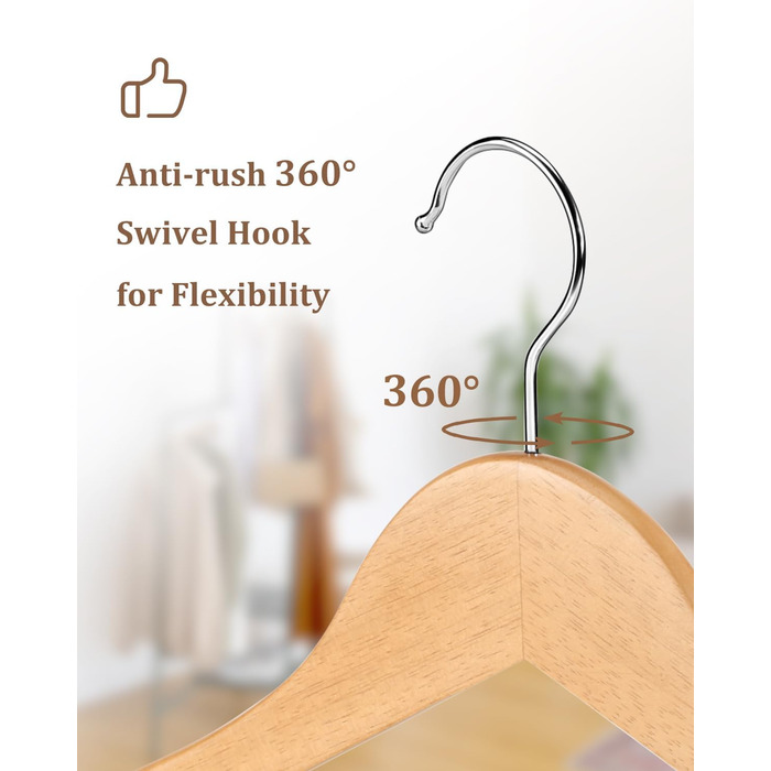 Дерев'яні вішалки для одягу AMKUFO, 20 шт., з неслизьким покриттям, обертовий гачок 360°, для джинсів, штанів, курток, сорочок, суконь, натуральне дерево