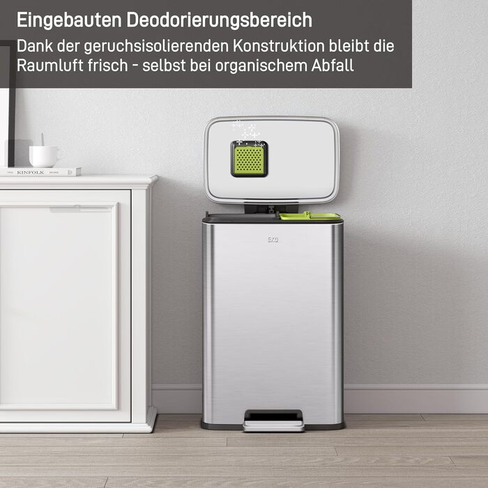 Відро для сміття EKO Madison 30L з висувним контейнером, м'яким закриттям кришки, стійке до відбитків пальців, нержавіюча сталь, прямокутне, з 20 мішками для сміття (25L+20L)