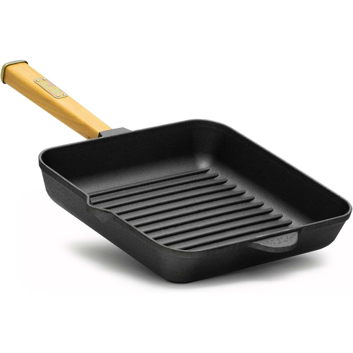 Чавунна сковорода гриль 26 см з дерев'яною ручкою для газових грилів, духовки, індукції та відкритого вогню
