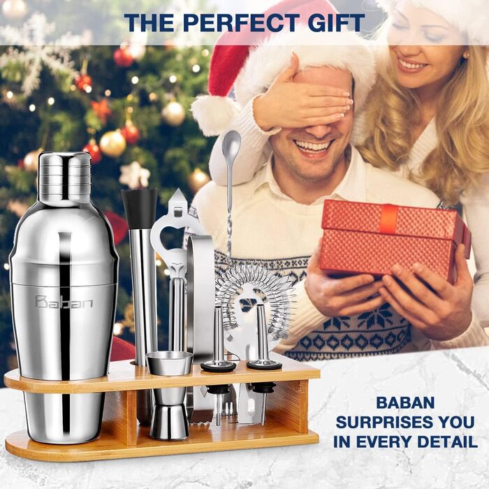 Набір для коктейлів Baban Edelstahl, 10 предметів: шейкер, підставка з бамбука, мірний стакан, барна ложка, 750 мл. Подарунок для дому або бару