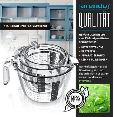 Arendo - Borosilicate Glass Measuring Cup Set - Sizes 1000ml, 500ml, 250ml (1l, 0.5l, 0.250l) – Glass Measuring Jug, Pitcher – Precise Scale – Heat Resistant – Microwave Safe – Kitchen Measuring Cup