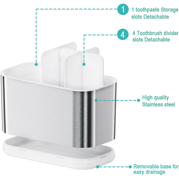 Colist Stainless Steel Toothbrush Holder, Bathroom Electric Toothbrush Holder Organizer, Toothbrush Holder Non-Slip Bottom 4 Toothbrush Compartments Removable for Easy Cleaning (Large) (Stainless Steel (Small))