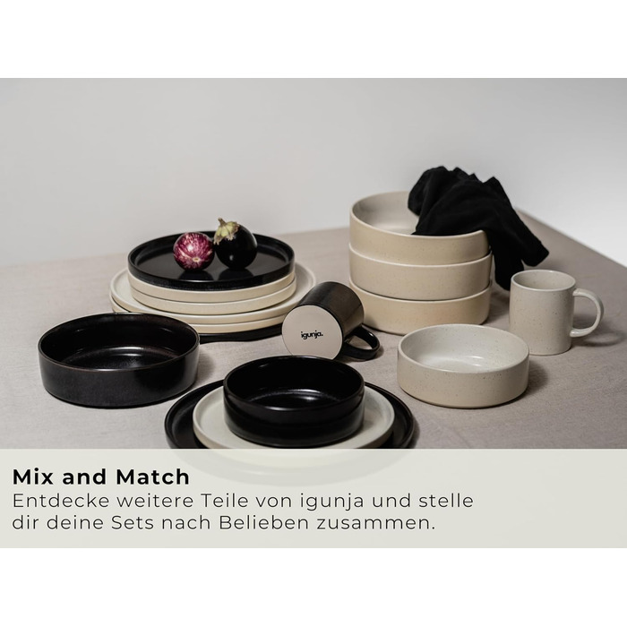 Igunga Stoneware Dinnerware Set - 12 Piece Service for 4 | Reactive Glaze, Matte Black & Glossy Interior Bowls | Premium Handcrafted Tableware