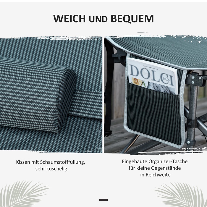 Outsunny Folding Sun Lounger with Head Pillow and Side Pocket, Integrated Storage Bag, Metal and Oxford Fabric, 188 x 64.5 x 53 cm, Grey | Aosom