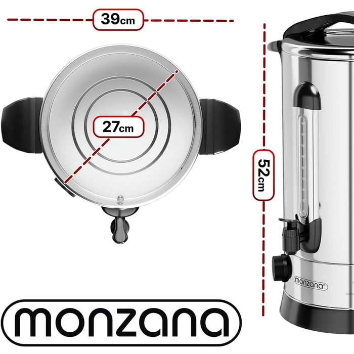 MONZANA® Glühweinkocher 6.8L with Tap, Drip Tray, Thermostat 30-110°C, Hot Beverage Dispenser, Stainless Steel, Preserving Pot, Punch Pot, Hot Beverage Machine (20 L)