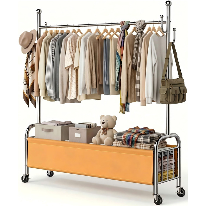 Вішалка для одягу сталева з кошиком для зберігання, навантаження до 115 кг, 3-в-1, для спальні та передпокою UP-R02