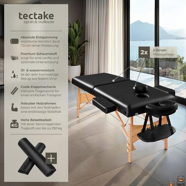 Масажне ліжко Tectake 2 зони, складане, з підголівником та підлокітниками, мобільне, з дерев'яними ніжками, 2 транспортні ролики, чорне