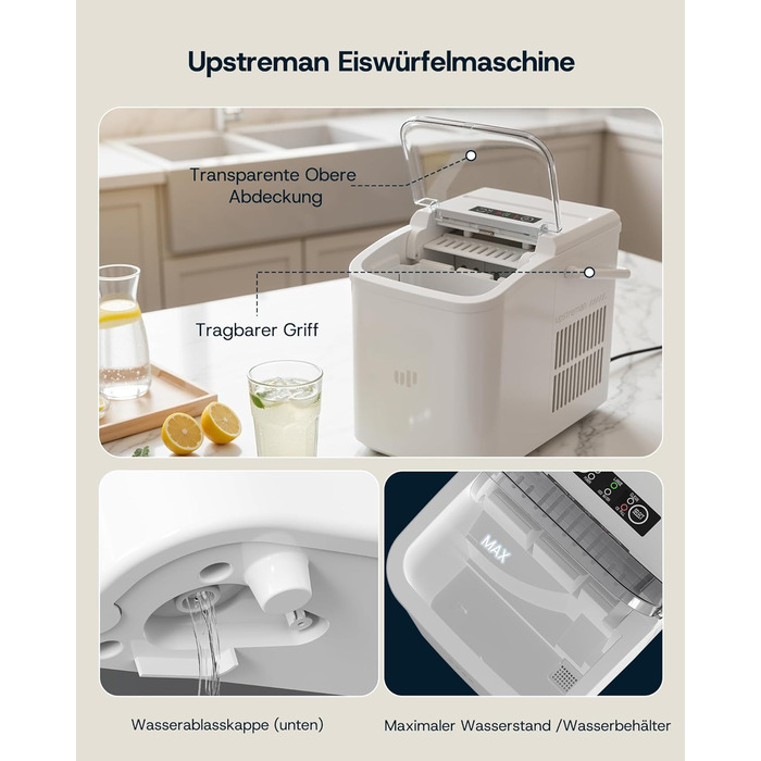 Машина для приготування льоду Upstreman BI12, біла: швидке охолодження, автоматичне очищення, для дому, офісу