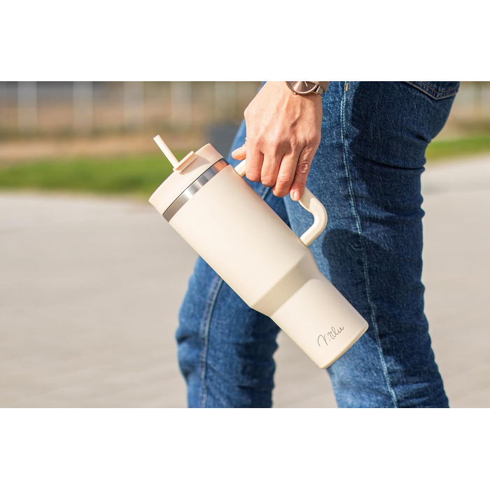 Термокружка Milu 1200 мл з трубочкою та ручкою – 48 годин льоду/24 години холод/12 годин гаряче. Нержавіюча сталь, подвійні стінки, ізольована, 1,2 л (Бежевий)