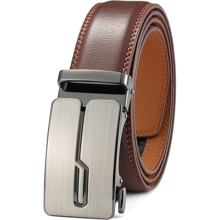 Чоловічий шкіряний ремінь Guvoosm з автоматичною застібкою, 3,5 см, колір коричневий, довжина 125 см, підходить для об'єму талії 92-107 см, для ділового костюма