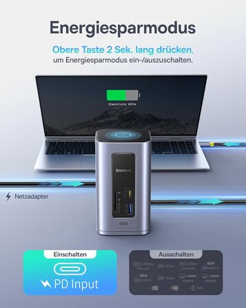 Базаус Док-станція USB-C 12-в-1 для ноутбуків Dell/HP/Lenovo/Asus/Acer/Mac: 2 монітори 4K HDMI, 10Gbps USB-C/A, 100W PD, Gigabit Ethernet