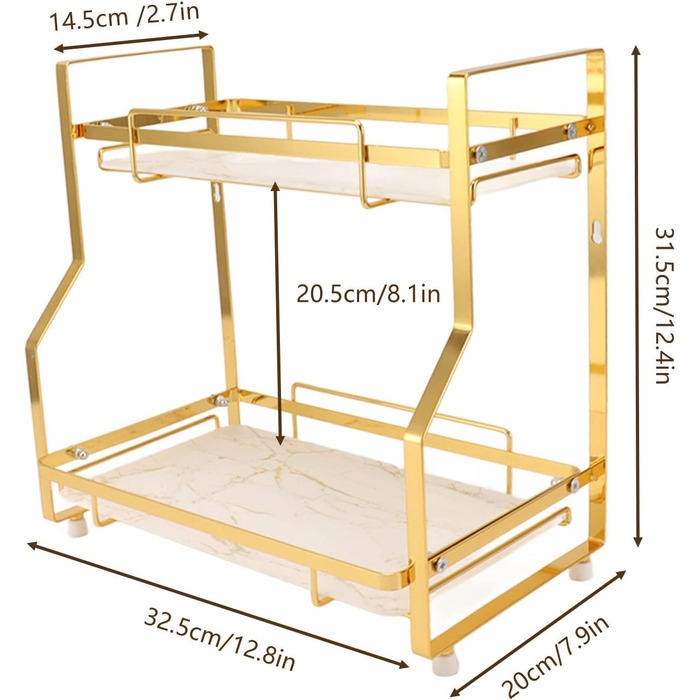 Wall-mounted bathroom shelf with 2 tiers, desk storage shelf for bedroom, kitchen, living room, bathroom, countertop, Nizer for enhanced Nizer and space-saving, gold
